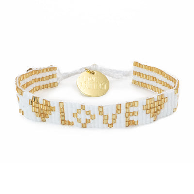 Custom Seed Bead LOVE with Hearts Bracelet - White & Gold