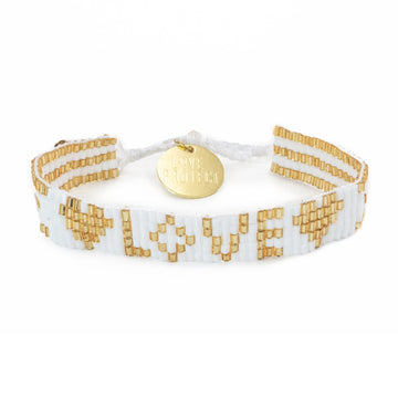 Custom Seed Bead LOVE with Hearts Bracelet - White & Gold - Love Is Project