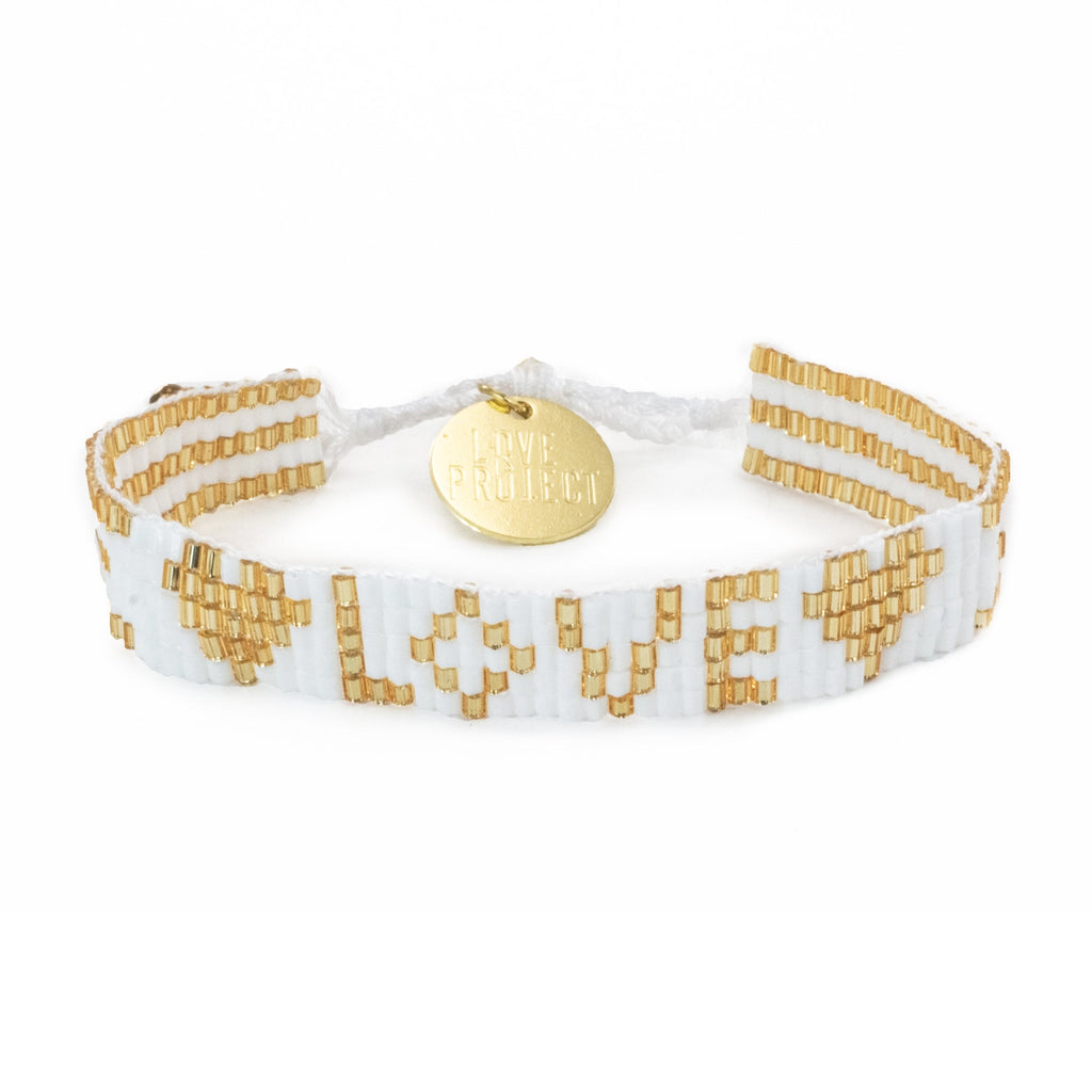 Custom Seed Bead LOVE with Hearts Bracelet - White & Gold - Love Is Project