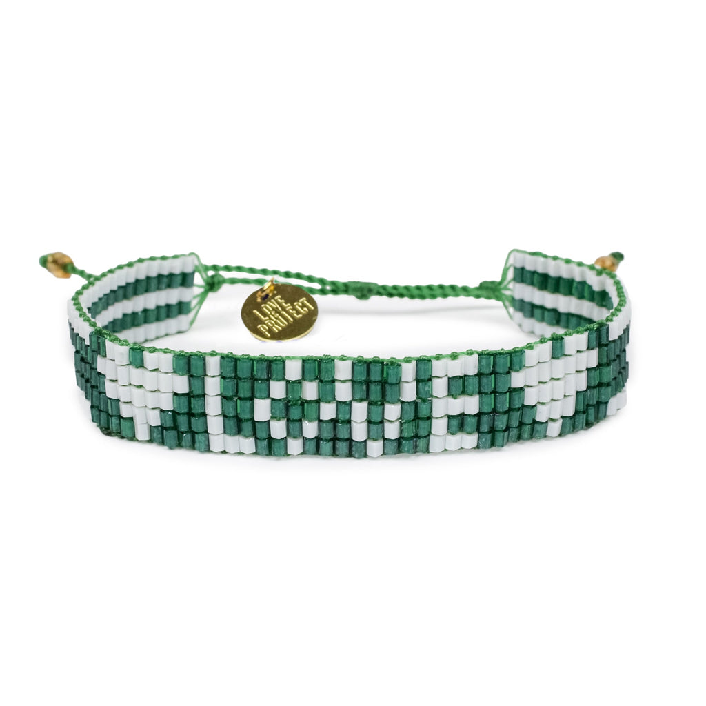 Seed Bead LOVE with Hearts Bracelet - Green and White - Love Is Project