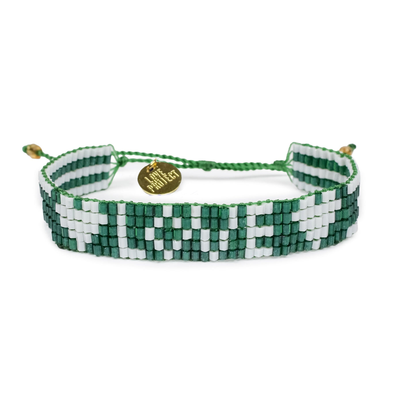 Seed Bead LOVE with Hearts Bracelet - Green and White