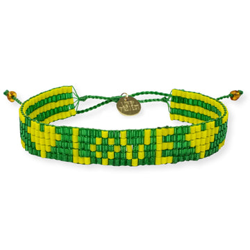 Seed Bead LOVE with Hearts Bracelet - Green and Yellow - Love Is Project