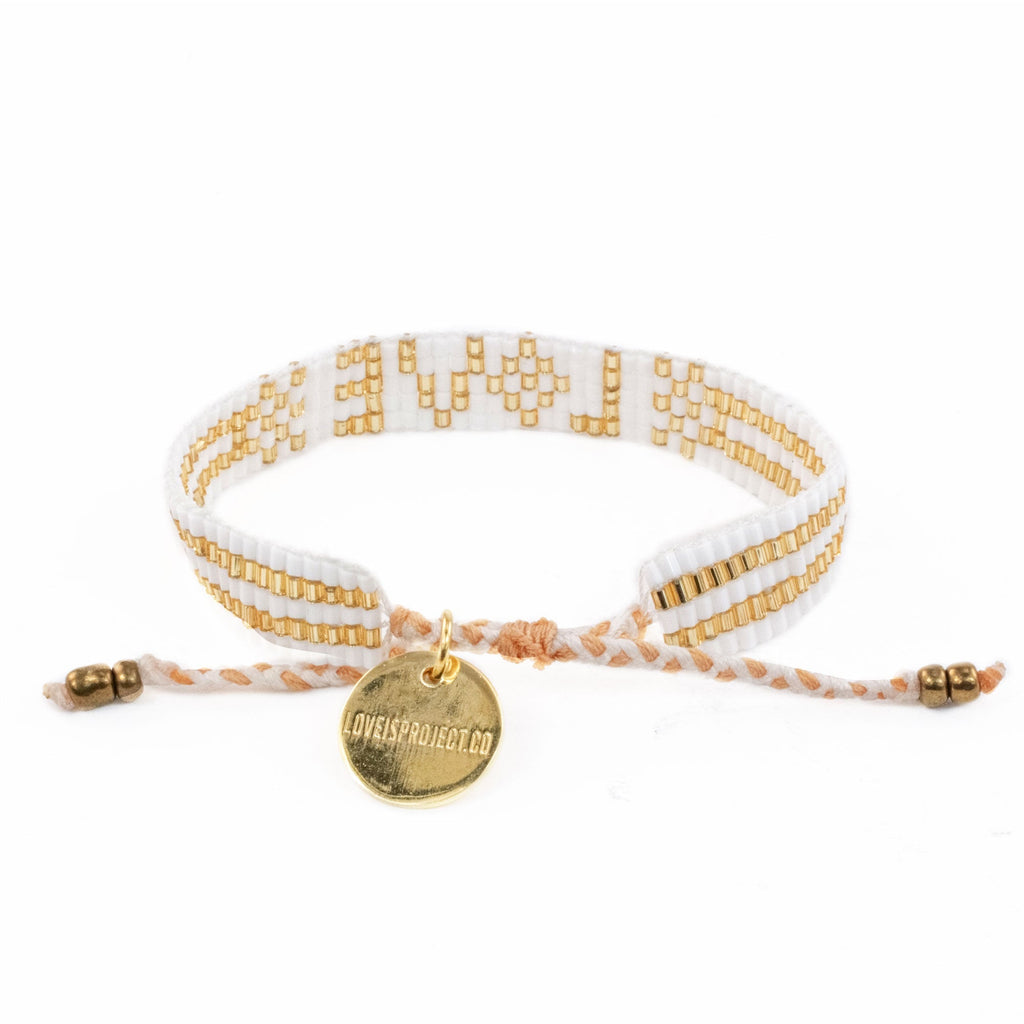 Custom Seed Bead LOVE Bracelet - White & Gold - Love Is Project