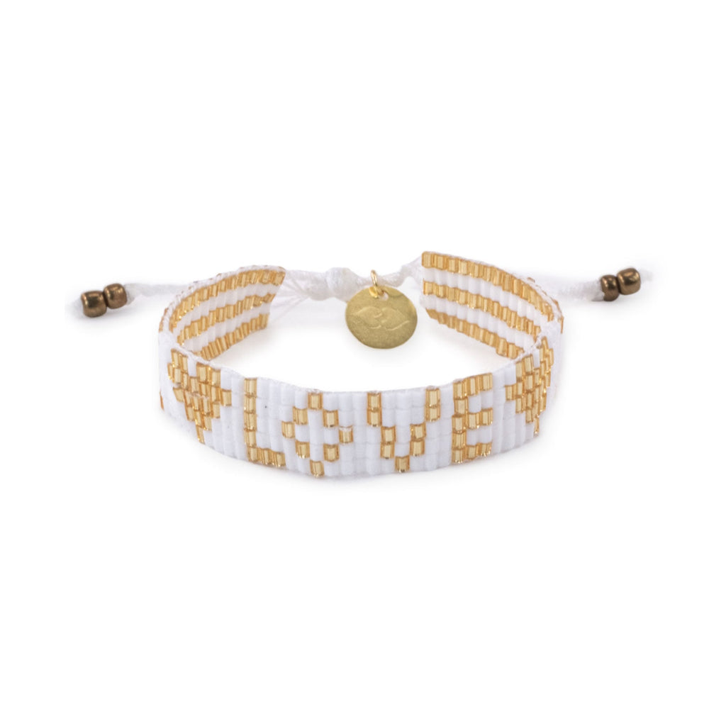 Kids' Seed Bead LOVE with Hearts Bracelet - White & Gold - Love Is Project