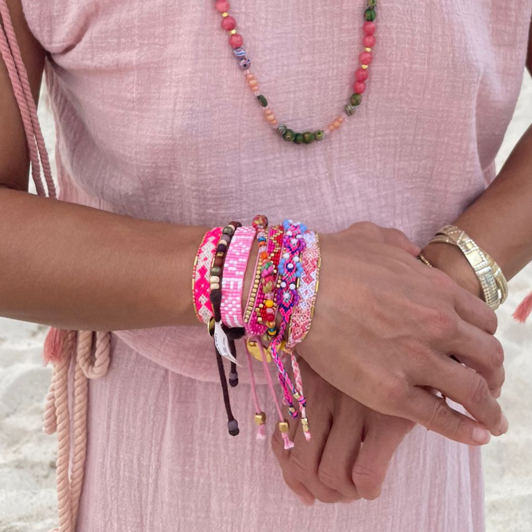 Bali Friendship Bracelet - Neon Pink & White , 